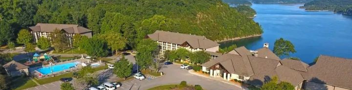 aerial view of hotels on lake in cumberland county, ky